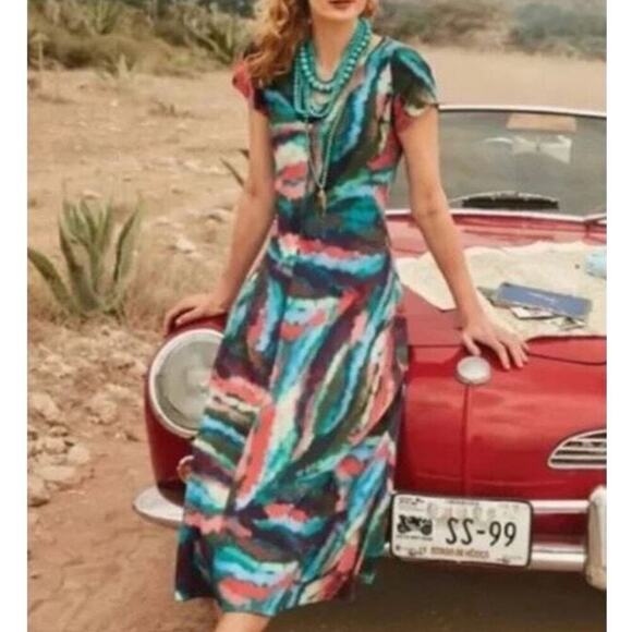 Soft Surroundings Maxi Dress Blue Green Zina Watercolor Pullover V-Neck XS - Picture 1 of 4